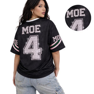 Maillot de football américain personnalisé rose et noir avec strass pour femme, coupe oversize, manches courtes, style streetwear Y2K, brillant, vente en gros OEM - Product Image 2