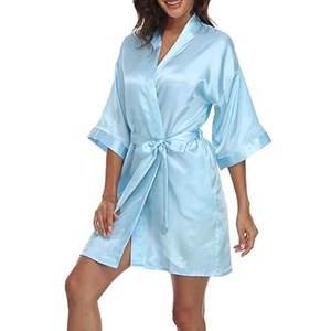 Wholesale Plain Satin Polyester Women's <b>Robes</b> Kimono Bathrobe V-neck Party <b>Beach</b> Bridal Bridesmaid Wedding Sleepwear Custom Logo - Product Image 3