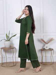 Ensemble coordonné élégant vert pour femme, robe décontractée à col en V ornée de dentelle, coupe trapèze, 100 % coton, kurta et pantalon droit pour le quotidien, style ethnique - Product Image 6