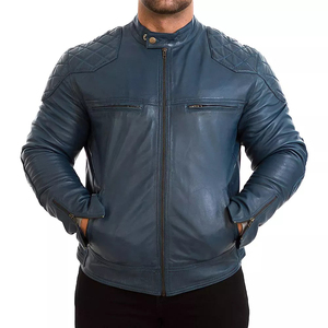 Veste de moto décontractée en cuir d'agneau bleu pour homme, col montant, fermeture éclair, grande taille, coupe classique, imperméable, pour l'hiver - Product Image 2