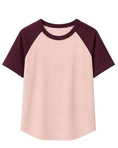 เสื้อยืดแร็กแลนสีชมพูอ่อนและสีแดงเบอร์กันดีสำหรับผู้ชาย แขนสั้น คอกลม ผ้าฝ้าย เสื้อยืดลำลองแบบสั่งทำพิเศษ สีสันตัดกัน สไตล์สตรีทแวร์ - Product Image 1