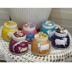 Set 6 4-Inch Enamel Printed Pichwai Cow Jars Glossy Finish Dishwasher <b>Safe</b> <b>Large</b> Capacity Decorative Metal Storage Jars Lid - Product Image 4