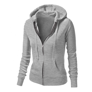 Sudadera con capucha y cremallera para mujer, diseño moderno, color gris sólido, manga larga, tejido de algodón transpirable, algodón puro. - Product Image 1