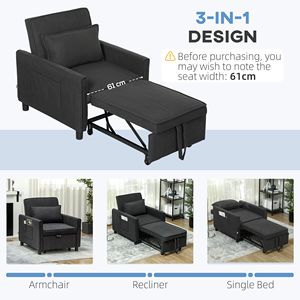 Fauteuil-lit convertible 3-en-1 gris foncé avec canapé escamotable et dossier réglable, rembourrage en mousse, poches à oreillers de style bras droit - Product Image 4