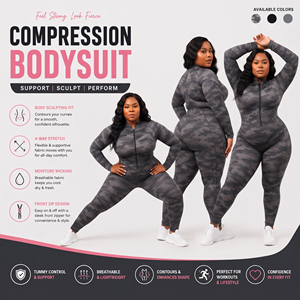 Camo Printed Plus Size Compression Jumpsuit Half-<b>Zip</b> Full Body One Piece Women's Yoga Fitness Four-Way Stretch Water Resistant - Product Image 4