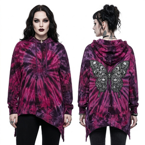Custom Magenta Purple Tie Dye Hoodie Women Asymmetrical Hem Gothic Butterfly Skull Graphic Print Oversized Hip Hop Hoodie - Product Image 1