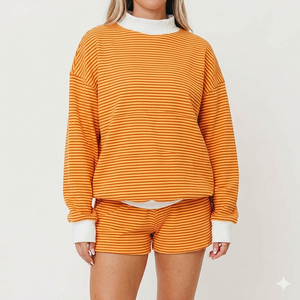 Women Orange <b>White</b> Striped Knitted <b>2</b> <b>Piece</b> Shorts <b>Set</b> Turtleneck Long Sleeve Loose Fit Casual Spring High Quality Customized - Product Image 1