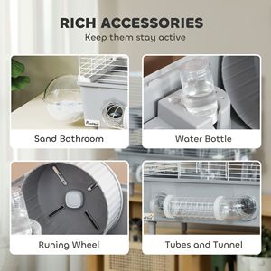 Gabbia grigia a 2 livelli per criceto nano con ruota da bagno in sabbia e provette per bottiglie d'acqua accessori per animali domestici - Product Image 4