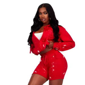 Ensemble deux pièces personnalisé pour femme, imprimé éclaboussures de peinture, sweat à capuche court entièrement zippé et short, vente en gros, tenue décontractée streetwear et loungewear - Product Image 1