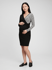Bmama Black Leopard Maternity Nursing Dress Breastfeeding Mid-Calf Dress Ribbed Stretch Pregnancy Dress Pullover V-neck - Product Image 6
