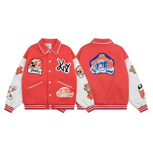 เสื้อแจ็คเก็ตวาร์ซิตี้สีส้มขาวสำหรับผู้ชาย ลายปักการ์ตูน สไตล์สตรีทแวร์ ปกคอพับ ทรงปกติ ใส่ได้ในฤดูใบไม้ร่วง - Product Image 3