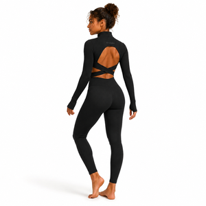 Combinaison de yoga sans bretelles KhumBro pour femme, noire unie, avec fermeture éclair quart de tour, manches longues, taille haute, longueur intégrale, sans coutures, tenue de sport 2 pièces - Product Image 1
