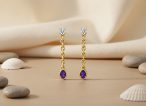 14k Gold Chain <b>Dangle</b> <b>Earrings</b> Custom Manufacturer VVS1 Lab <b>Diamond</b> and Glass Filled Sapphire Drop <b>Earring</b> Jewelry Purple clear - Product Image 6