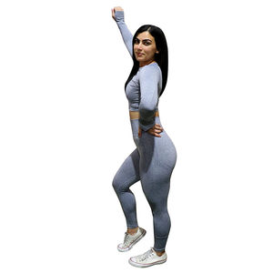 Conjunto Deportivo Personalizado para Mujer, Top Corto Sin Costuras de Manga Larga y Leggings de Cintura Alta, Bloques de Color, Compresión, Yoga, Gimnasio, Ropa Deportiva - Product Image 6