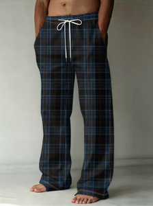Men's Blue Plaid <b>Wide</b> <b>Leg</b> <b>Pants</b> Casual Drawstring Elastic Waist Loose Fit Summer Lightweight Trousers - Product Image 3