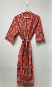 Handmade Floral Print 100% Cotton <b>Long</b> Sleeve V-neck <b>Kimono</b> Robe-Lightweight Summer Nightwear Lounge Wear One Size - Product Image 3