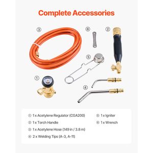 Kit Torcia Acetilenica con Tubo 149, 2 Punte di Saldatura, Regolatore CGA200, Impugnatura Torcia, Strumento per Brasatura a Gas per Saldatura ad Aria e Gas - Product Image 4