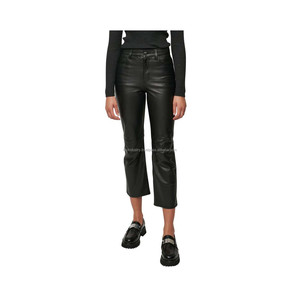 Pantalon décontracté noir pour femme, 100 % lin, effet cuir, coupe ajustée, taille haute, fermeture éclair, devant plat, imperméable, vente en gros - Product Image 3
