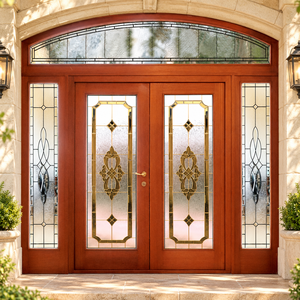 Portes d'entrée doubles en bois sur mesure pour résidences, avec panneaux en vitraux et transom arqué, pour usage extérieur, Villa GA-52 - Product Image 1