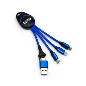 Keyring Logo kustom 5 dalam 1 kabel Multi pengisi daya USB kabel pengisian cepat nilon jalinan Led 5-in-1 kabel pengisi daya gantungan kunci portabel