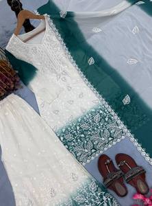 Salwar Kameez pakistanais bicolore avec Plazzo et Dupatta, blanc et bleu ciel, brodé, tenue de mariage traditionnelle pour femmes - Product Image 5