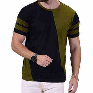 Camiseta de Verano Casual de Algodón para Hombre, Cuello Redondo, Manga Corta, con Paneles de Color Verde Oliva y Negro, Rayas en las Mangas, con Logotipo Personalizado - Product Image 2