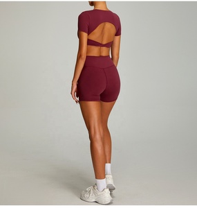 2026 custom Deep V Neck Twist Yoga Set High Waist Shorts 2 Piece Solid Color Spandex Polyester Seamless Four-Way Stretch - Product Image 2