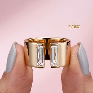 10K Gold Baguette Diamond <b>Open</b> <b>Ring</b> Contemporary Statement Wide Band <b>Ring</b> for Women - Product Image 1