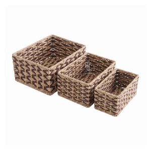 Two-Tone Woven Paper Rope <b>Storage</b> <b>Baskets</b> Set of 3, <b>Rectangular</b> Nesting Vanity & Shelf Organizer Bins with Wire Frame - Product Image 2
