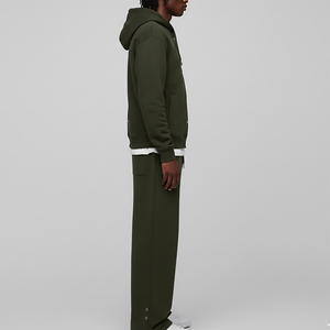 Men's Olive Green Hooded Sweatshirt <b>Set</b> Casual 100% Cotton Fleece Zip-Up Jacket with Letter Print Front Pocket Streetwear - Product Image 3