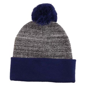 Gorro de punto unisex con pompón, borde azul marino y cuerpo gris melange, gorro casual de invierno para adultos 56-58CM - Product Image 1