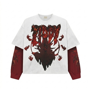 T-shirt à manches longues pour homme, col rond, double couche, imprimé, effet délavé, surdimensionné, logo personnalisé, style vintage old school, 100% coton, streetwear - Product Image 1