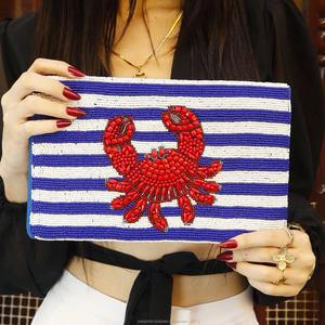 Striped Blue White Evening <b>Purse</b> <b>Red</b> Geometric Embroidery Ocean Theme Designer Wedding Party Fashion Custom Beaded Fold Clutch - Product Image 3