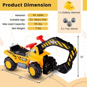 Ride-On Bulldozer Digger <b>Push</b> <b>Car</b> Toy with Working Shovel and Safety Helmet - Product Image 4