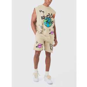 Premium 300 GSM Cotton Sleeveless T Shirt And Shorts Set Men White Streetwear Custom Print Logo MEns Sets - Product Image 1