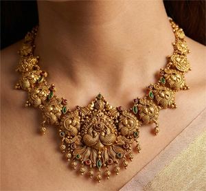 22K Solid <b>Gold</b> Temple Necklace <b>Set</b> | Traditional Indian Bridal <b>Jewellery</b> | Antique Finish Handcrafted <b>Gold</b> Haram - Product Image 1