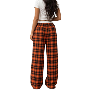 Pantalon de détente à jambes larges pour femmes, à carreaux orange et noir, avec ceinture élastique blanche, cordon de serrage sur le côté, poches latérales, bas de pyjama décontracté - Product Image 2