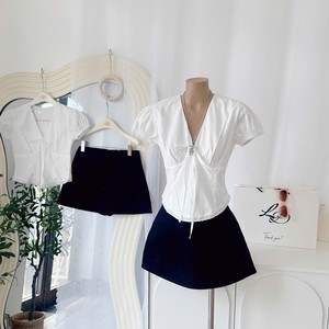 Custom Ladies Solid <b>White</b> Short <b>Puff</b> <b>Sleeve</b> V Neck Blouse Lace Hem Casual Summer <b>Shirt</b> 100% Polyester - Product Image 2