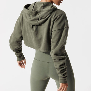 Sudadera corta con cremallera verde oliva para mujer, sudadera corta con cremallera completa, sudadera corta con hombros caídos y cremallera frontal, sudadera con capucha de manga larga - Product Image 4