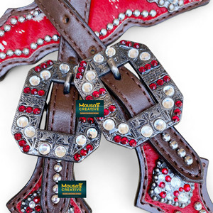 Conjunto de cuello de pecho y cabeza de cuero metálico rojo: tachuela occidental de piel de vaca argentina - Product Image 5