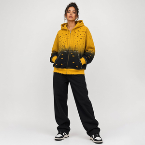 Sudadera con capucha y cremallera para hombre, personalizada, con efecto ombré amarillo y negro, desgastada, con bolsillos con remaches y ribete, bajo sin rematar, estilo streetwear, proveedor mayorista - Product Image 3