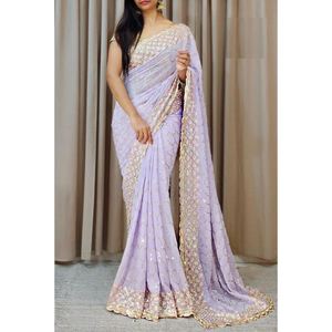 Designer Georgette Sequence Thread <b>Work</b> Saree and Unstitched Blouse in Lavender - Product Image 1