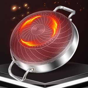 Honeycomb Stainless Steel Wok with Double <b>Handles</b> Non-stick Deep Frying <b>Pan</b> Soup Casserole with Glass Lid - Product Image 3