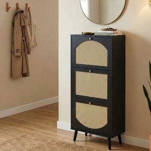 Scarpiera Nera a 3 Ripiani con Frontale in Rattan 54*24*135 cm in Truciolato - Product Image 6