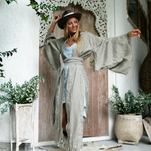 Vestido Kimono Verde Salvia, Largo, de Lino, Estilo Boho, Cardigan Orgánico, Ropa de Estar para Mujer, Estilo Japonés, Precio de Fábrica - Product Image 2