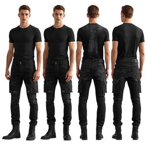 Pantalon en jean de luxe pour homme avec empiècements fonctionnels, en coton épais et détails de mode premium effet vieilli - Product Image 2