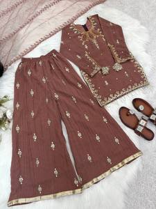 Family Matching Faux Georgette Embroidered Kurta Palazzo Set with <b>Tissue</b> Net Dupatta | Women & Kids Festival Party Wear Ethnic O - Product Image 5