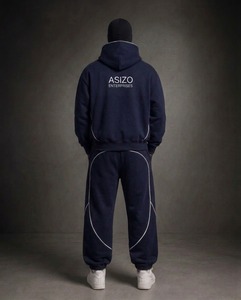 Men's Navy Sweat Suit Pullover Hoodie & Jogger Pants Midweight Contrast Piping Logo Front Custom Streetwear Loose Fit 2XL-6XL - Product Image 4