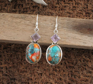 Boucles d'oreilles pendantes en argent sterling 925 avec coquille d'huître épineuse naturelle, turquoise et pierres précieuses composites orange et bleues, style bohème, cadeau de fête - Product Image 3