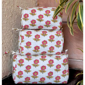 White Pink Floral Quilted Cotton Pouch Set Hand Block Print Toiletry <b>Makeup</b> Stationary Jewellery Craft <b>Storage</b> Travel Gift - Product Image 1